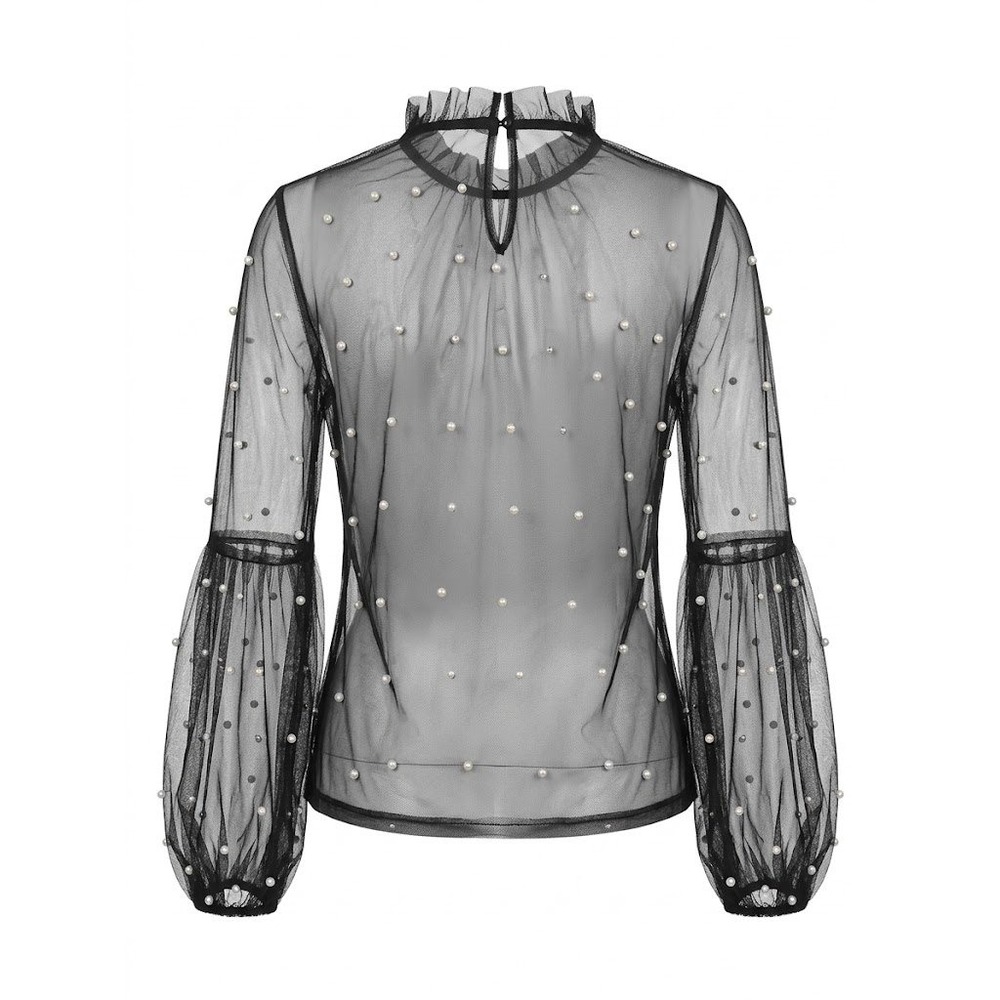 Biashe Mesh Top Womens M Black Pearl Embellished Ruffle Neck Bishop Sleeve Goth